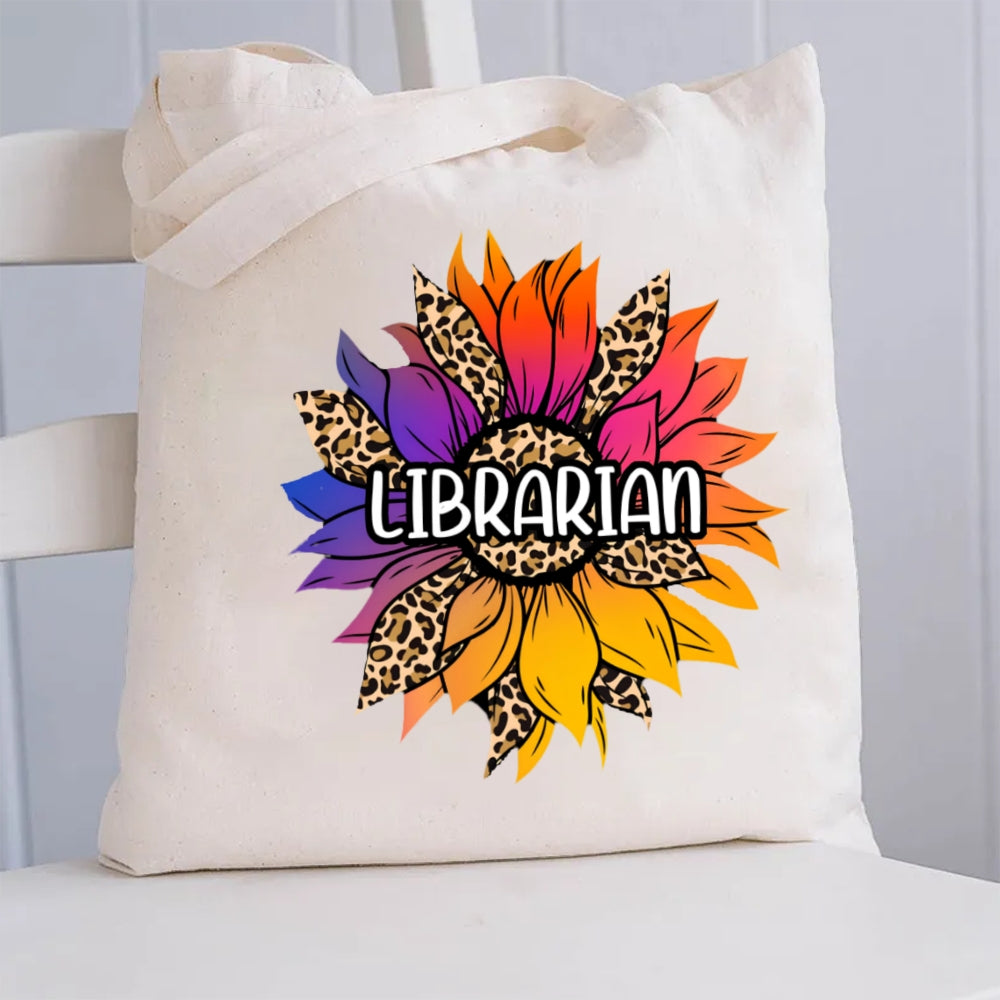 Librarian Leopard Print Sunflower Canvas Tote Bag
