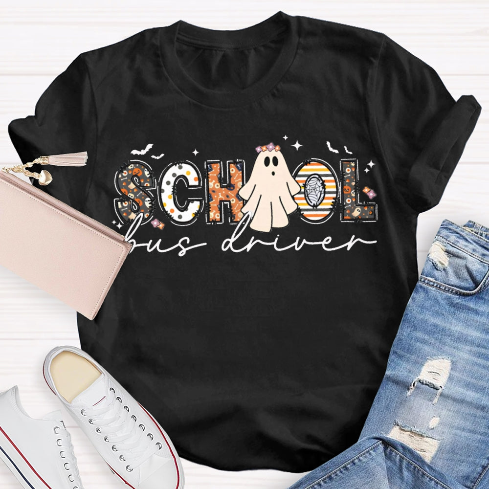School Bus Driver Colorful Patterns And Ghost Combination Letters Halloween Funny T-shirt