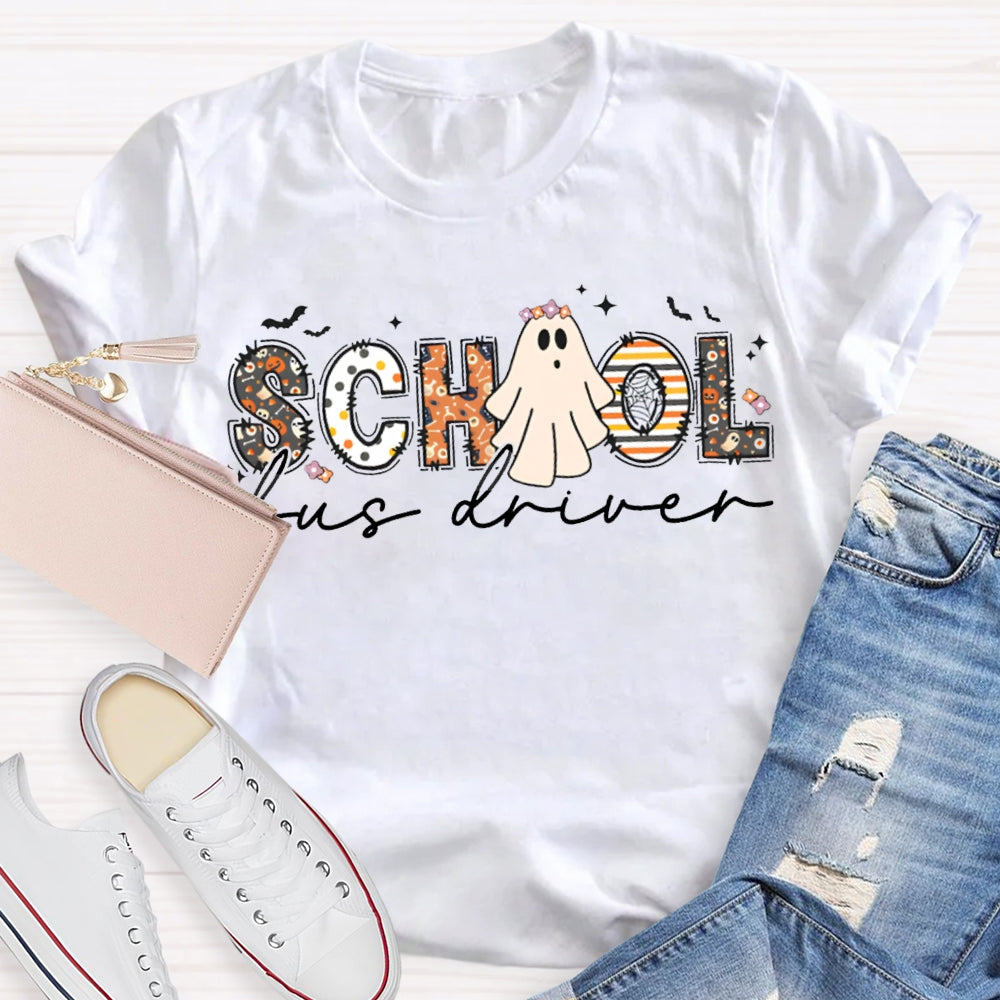 School Bus Driver Colorful Patterns And Ghost Combination Letters Halloween Funny T-shirt