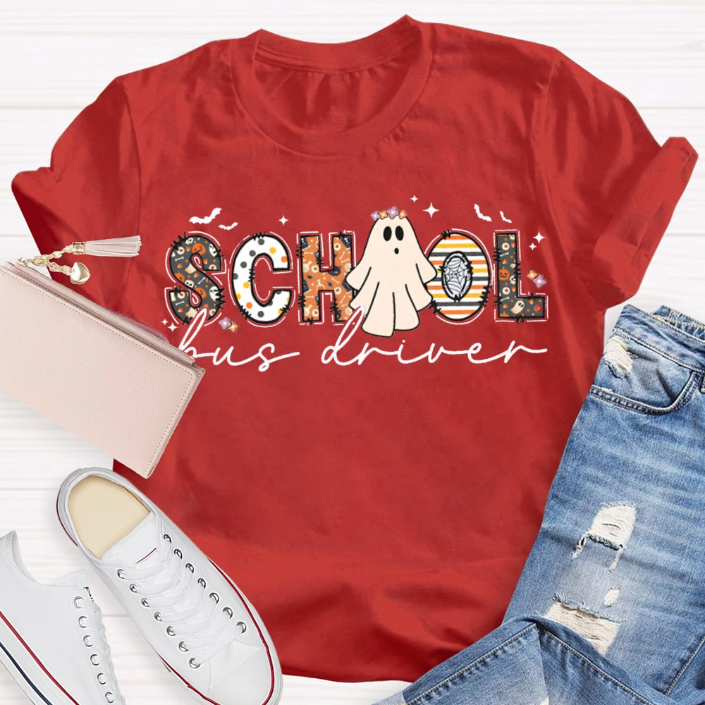 School Bus Driver Colorful Patterns And Ghost Combination Letters Halloween Funny T-shirt