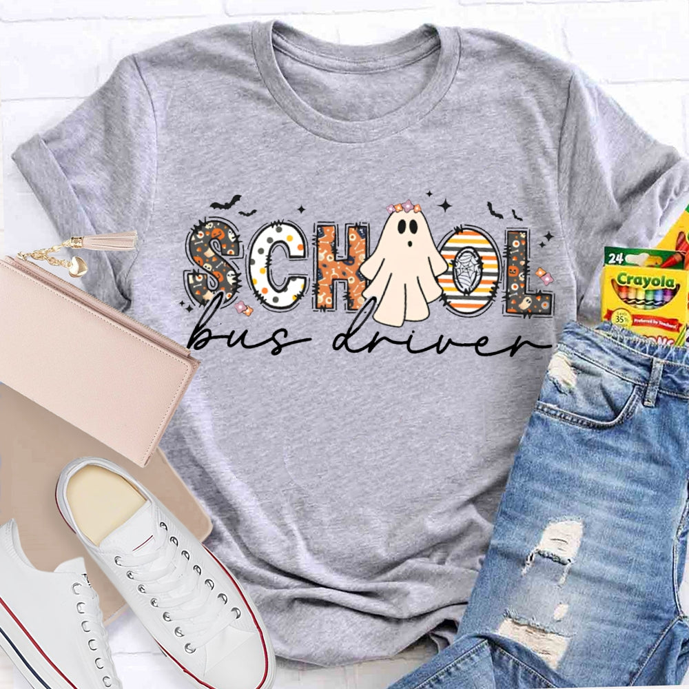 School Bus Driver Colorful Patterns And Ghost Combination Letters Halloween Funny T-shirt