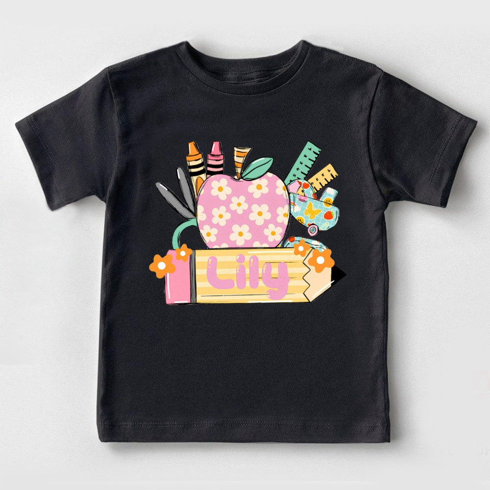 Personalized Name Small Flower Apple And Yellow Pencil Toddler&Kids Tees