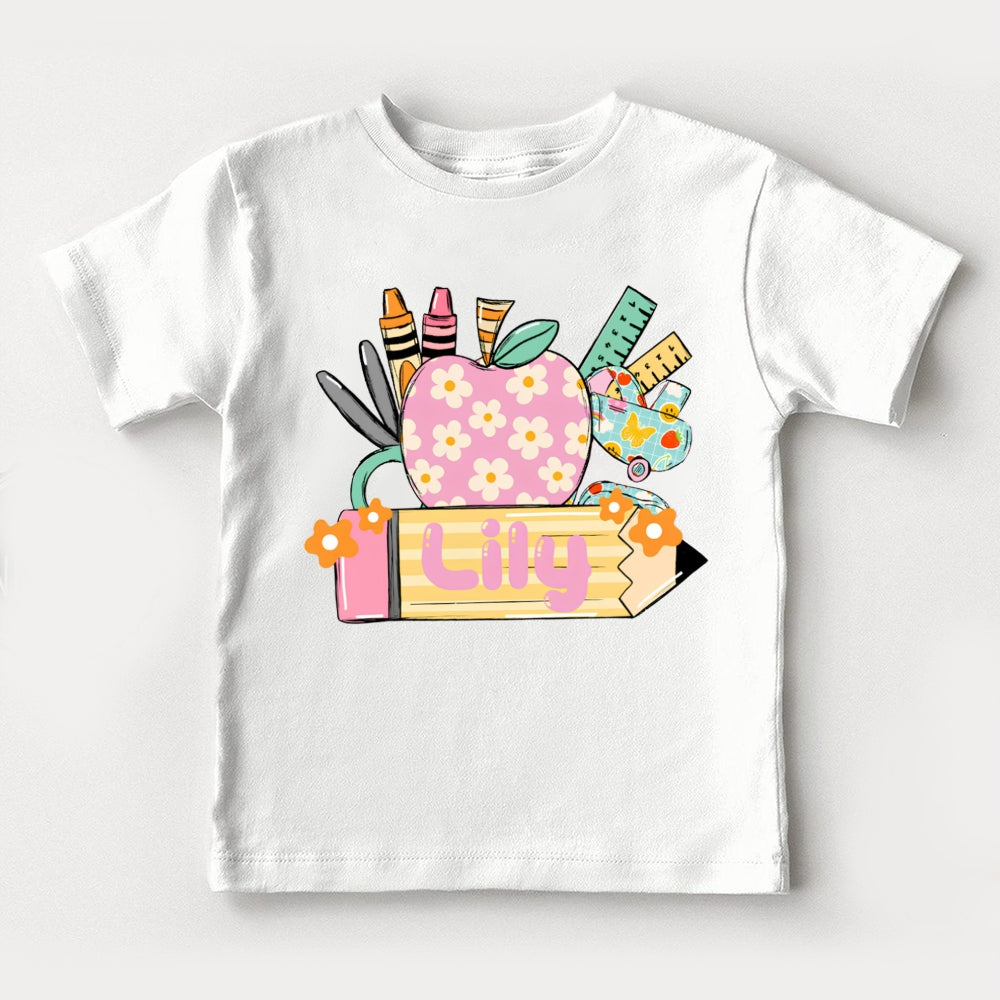 Personalized Name Small Flower Apple And Yellow Pencil Toddler&Kids Tees