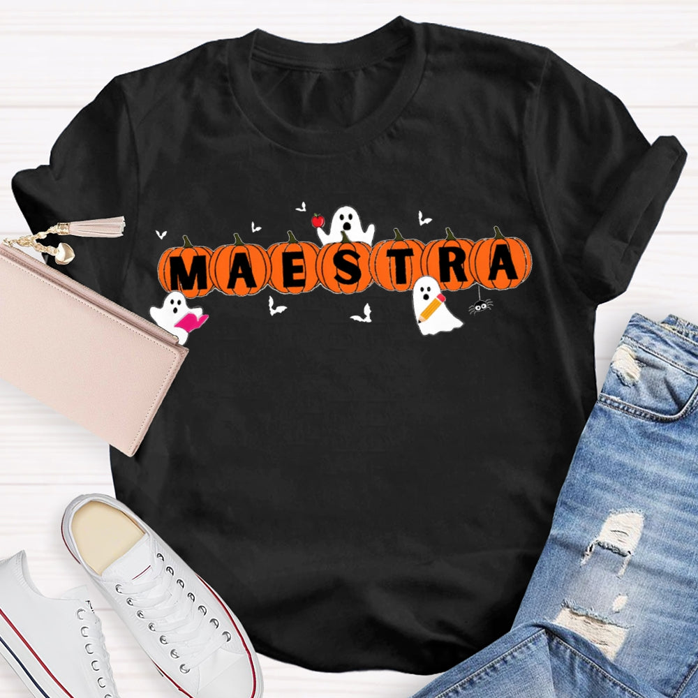 Maestra Teacher Little Bats And Ghosts Funny Halloween T-shirt