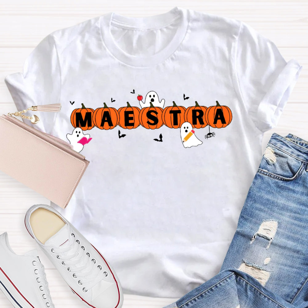 Maestra Teacher Little Bats And Ghosts Funny Halloween T-shirt