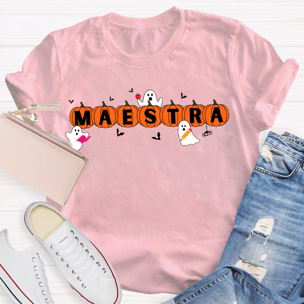 Maestra Teacher Little Bats And Ghosts Funny Halloween T-shirt