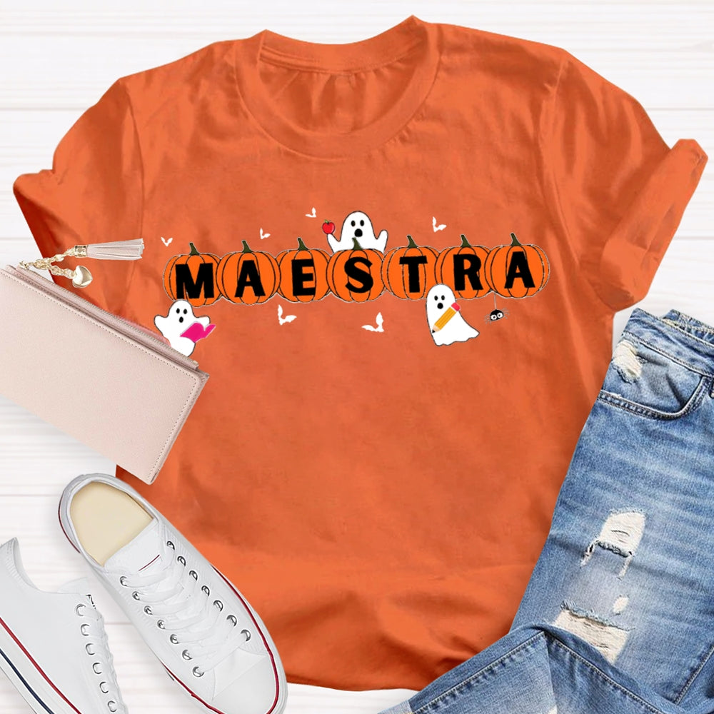 Maestra Teacher Little Bats And Ghosts Funny Halloween T-shirt