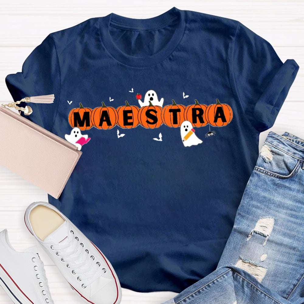 Maestra Teacher Little Bats And Ghosts Funny Halloween T-shirt