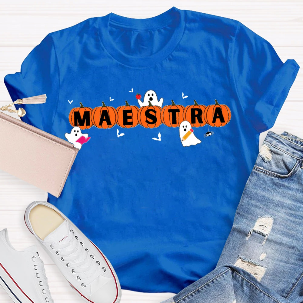 Maestra Teacher Little Bats And Ghosts Funny Halloween T-shirt