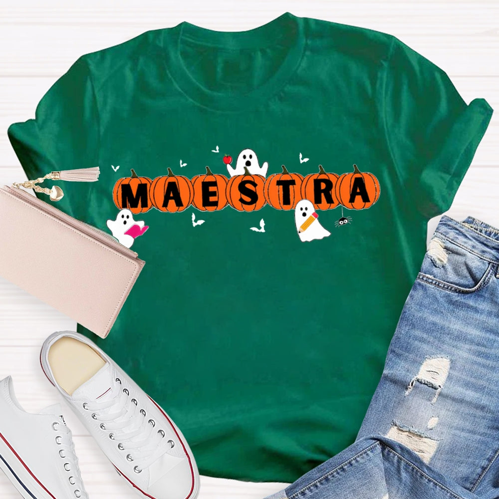 Maestra Teacher Little Bats And Ghosts Funny Halloween T-shirt