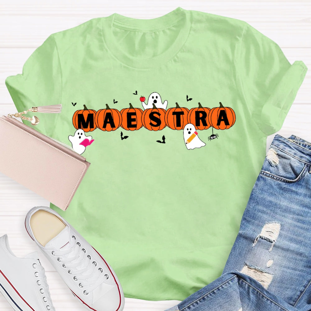 Maestra Teacher Little Bats And Ghosts Funny Halloween T-shirt