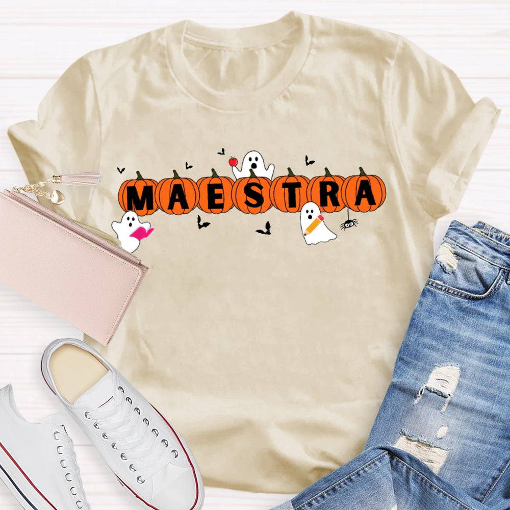 Maestra Teacher Little Bats And Ghosts Funny Halloween T-shirt