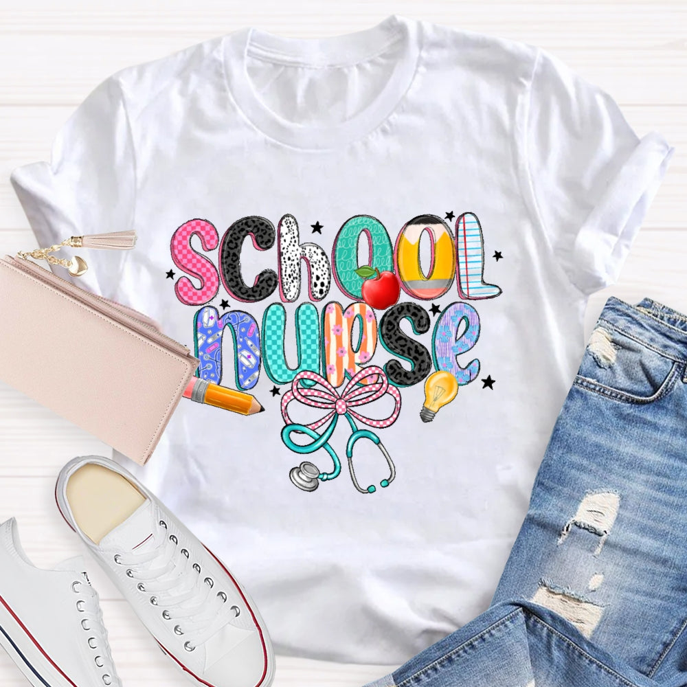 School Nurse Pink Letter Stethoscope T-Shirt