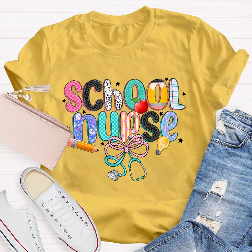School Nurse Pink Letter Stethoscope T-Shirt