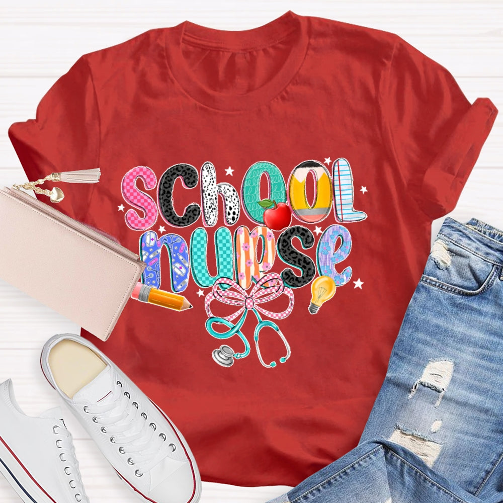 School Nurse Pink Letter Stethoscope T-Shirt