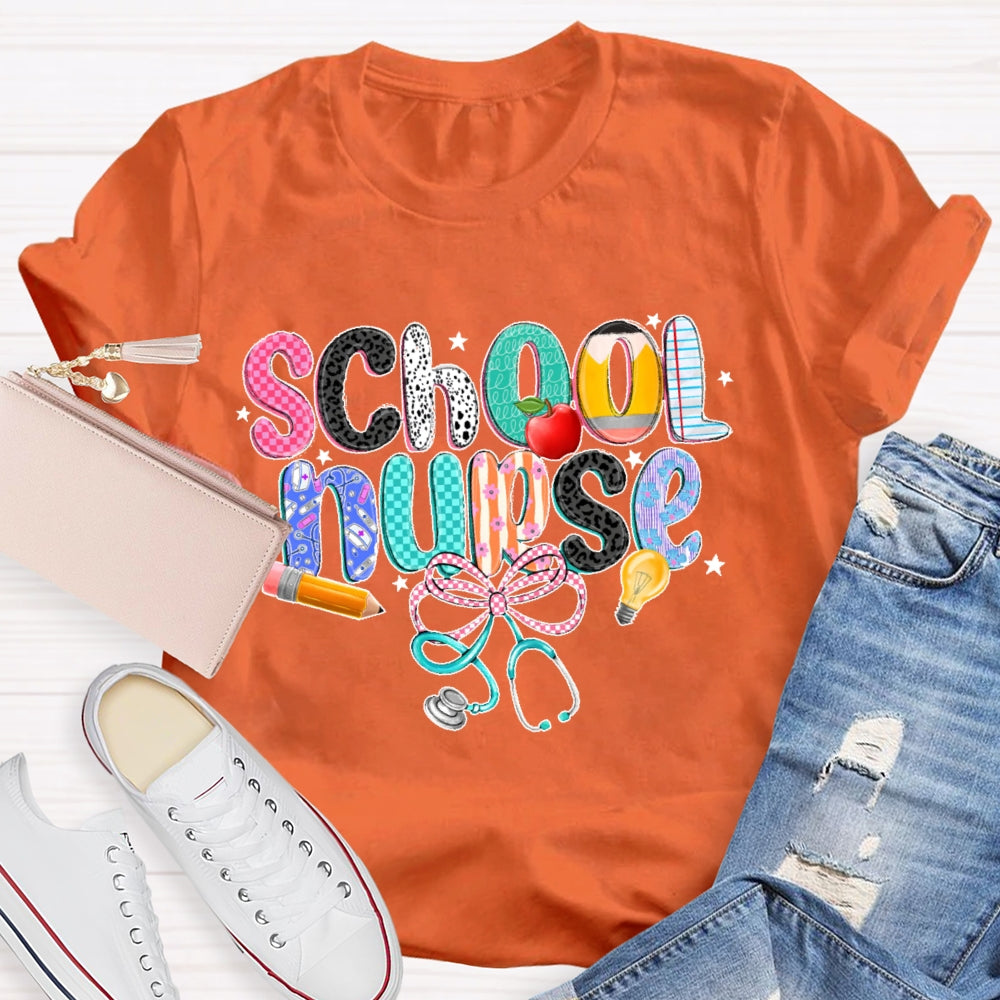 School Nurse Pink Letter Stethoscope T-Shirt