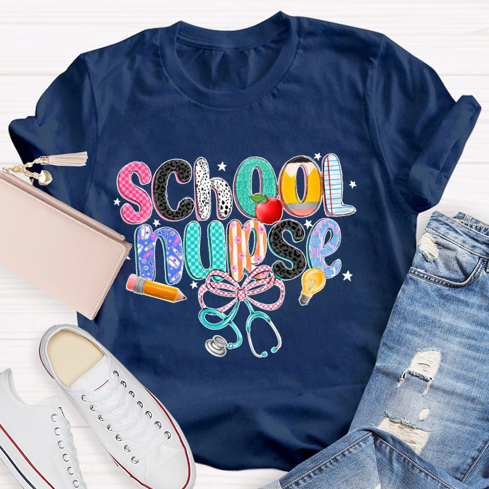 School Nurse Pink Letter Stethoscope T-Shirt