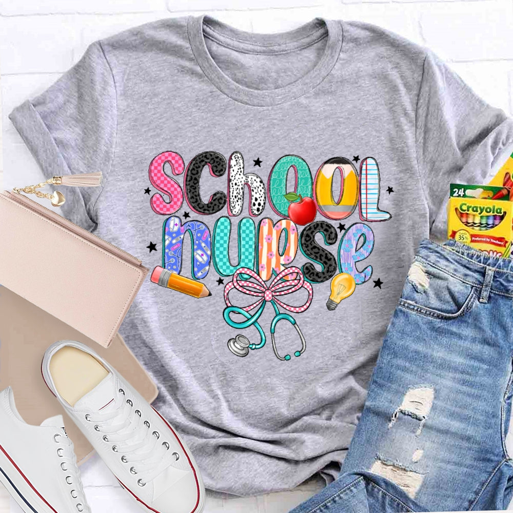 School Nurse Pink Letter Stethoscope T-Shirt