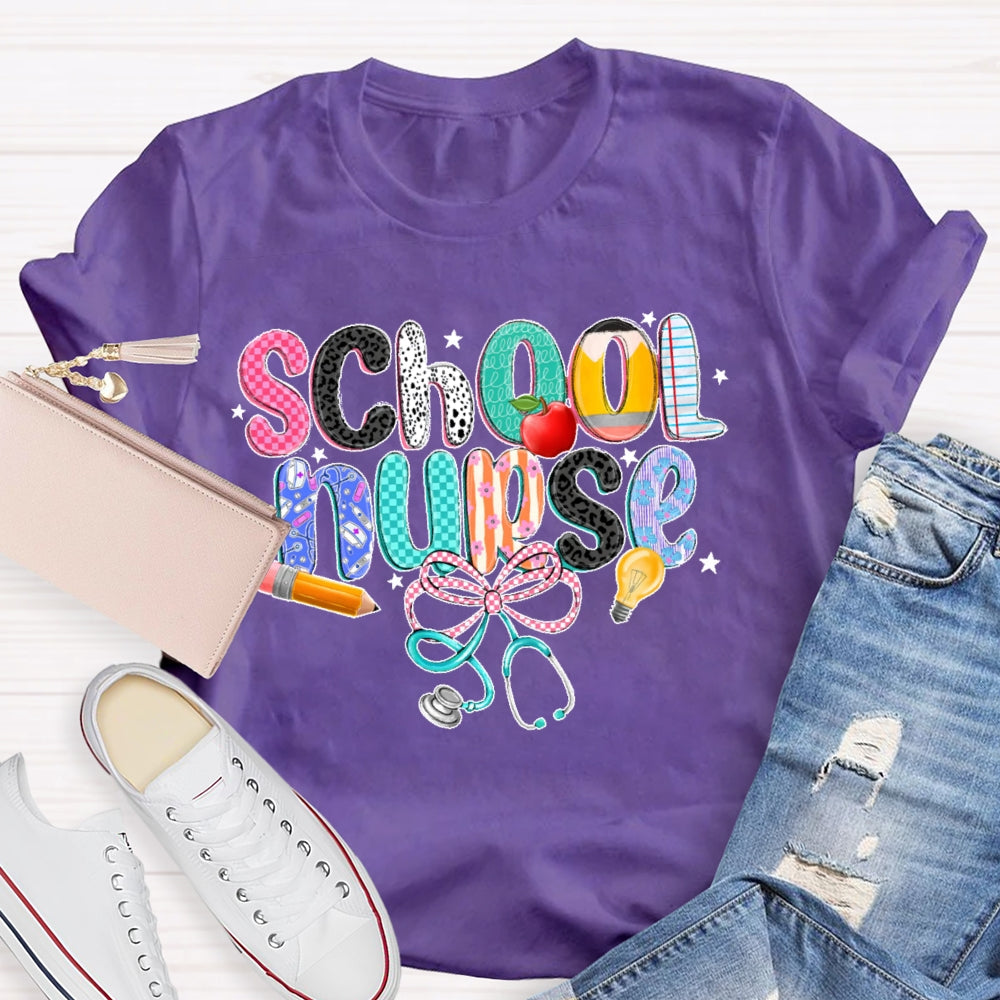 School Nurse Pink Letter Stethoscope T-Shirt