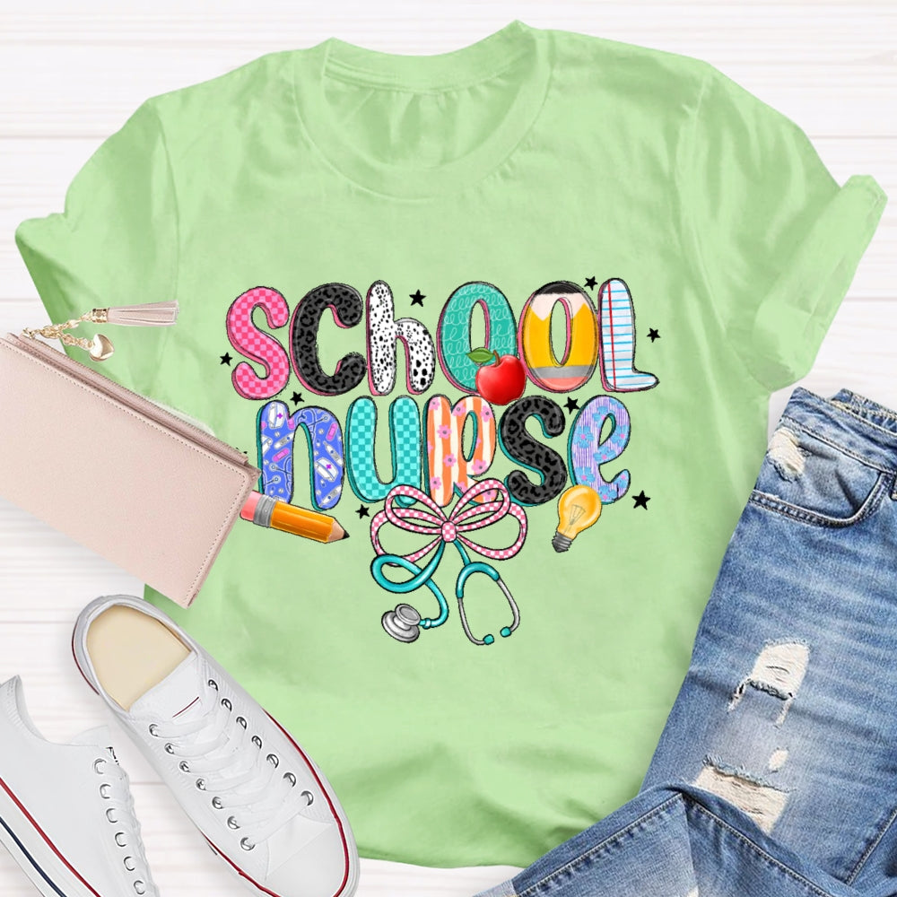 School Nurse Pink Letter Stethoscope T-Shirt