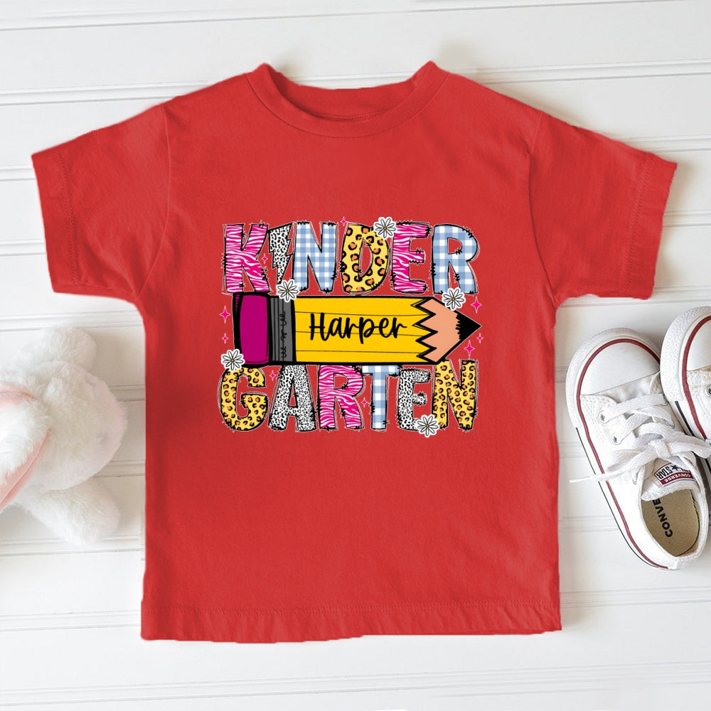 Personalized Name Kindergarten Leopard Print Pencil Toddler T-shirts