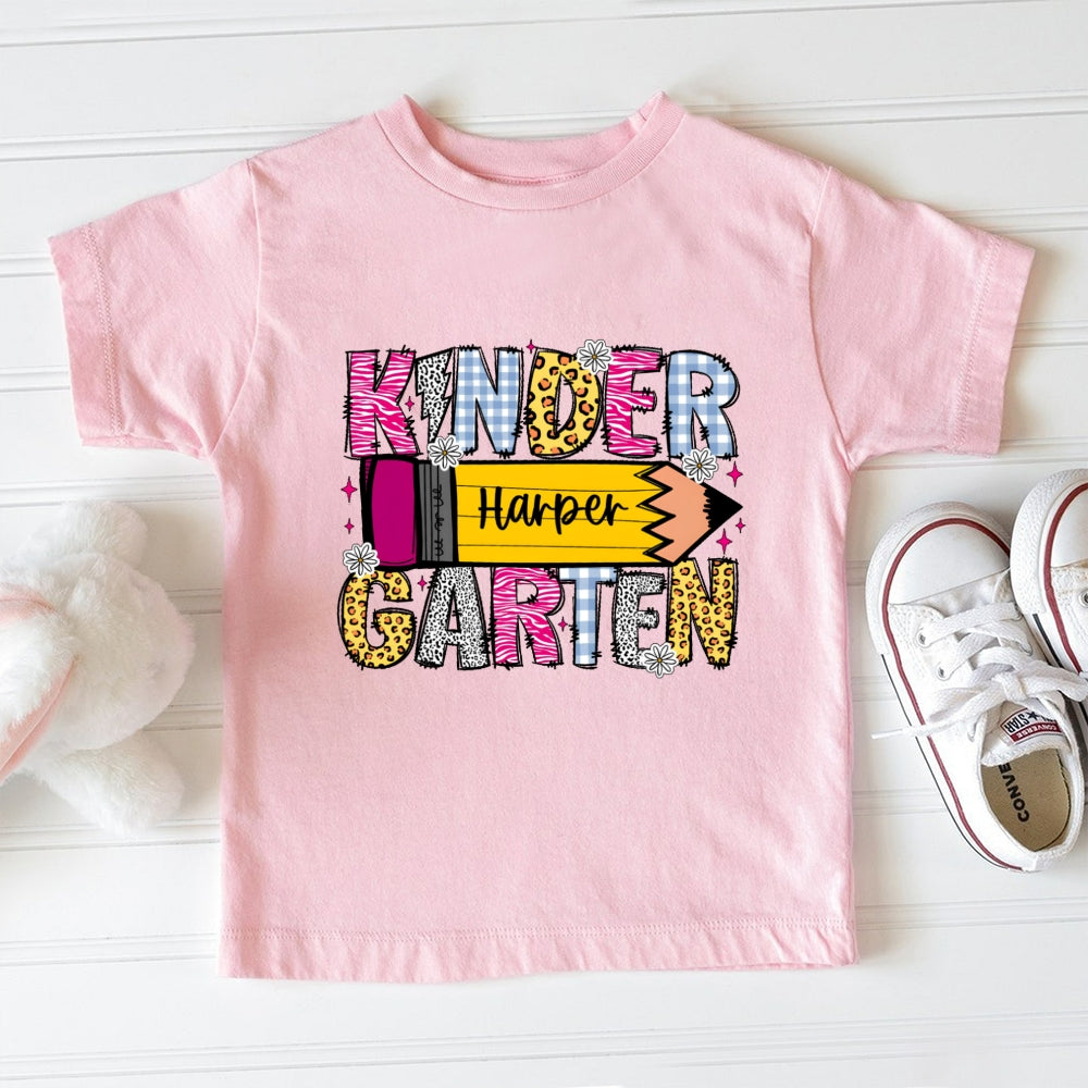 Personalized Name Kindergarten Leopard Print Pencil Toddler T-shirts