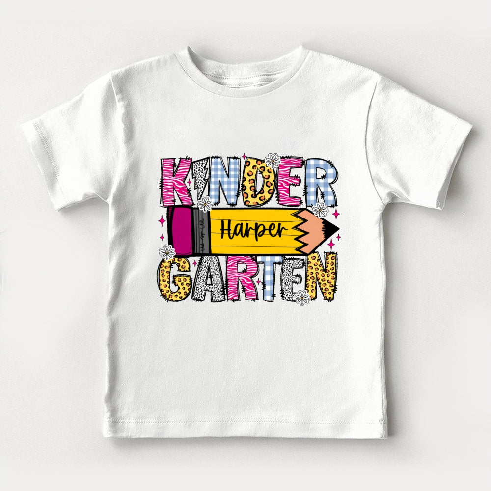 Personalized Name Kindergarten Leopard Print Pencil Toddler T-shirts