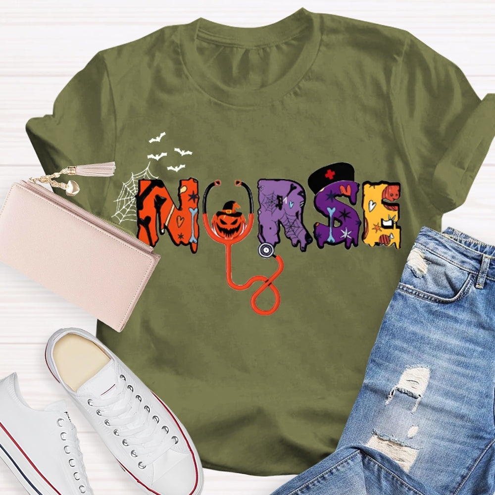 School Nurse Stethoscope And Little Bat Funny Halloween T-shirt