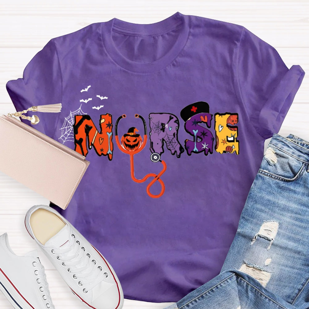 School Nurse Stethoscope And Little Bat Funny Halloween T-shirt