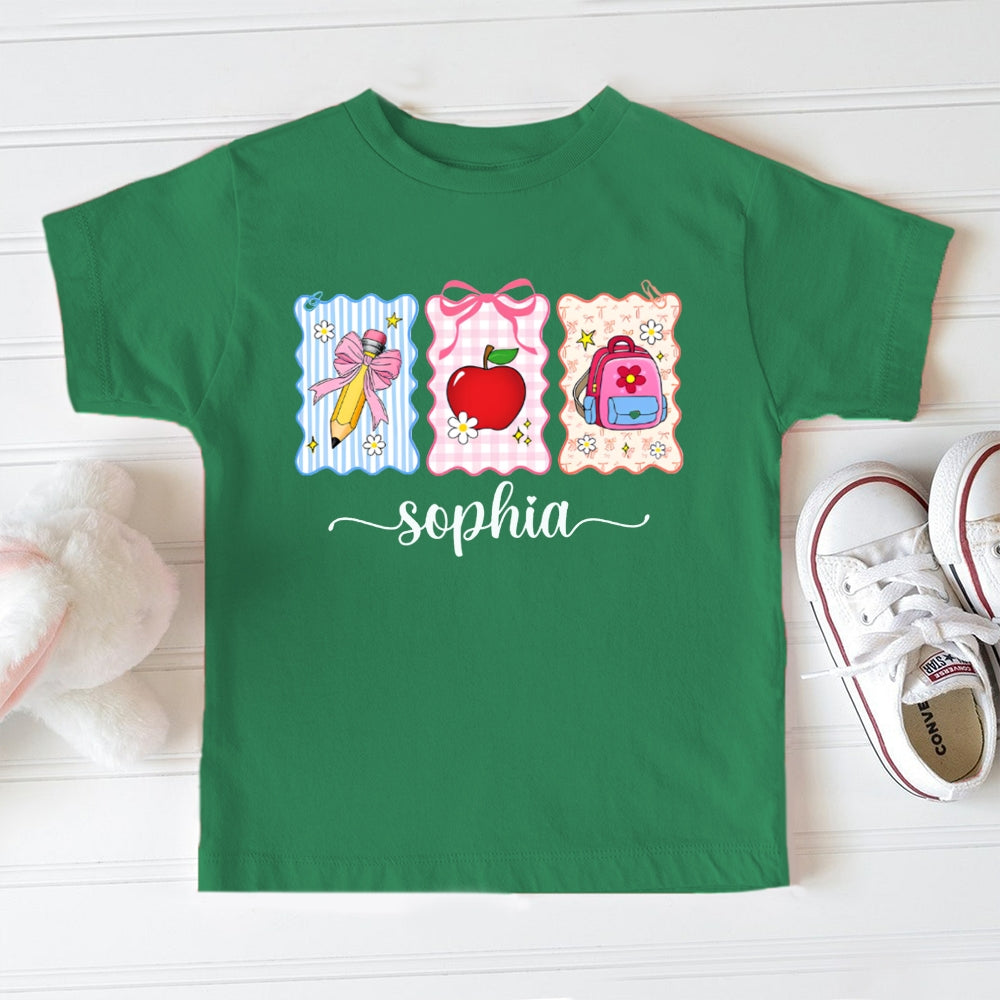 Personalized Name Bow-Knot Pencil Apple And School Bag Toddler T-shirts