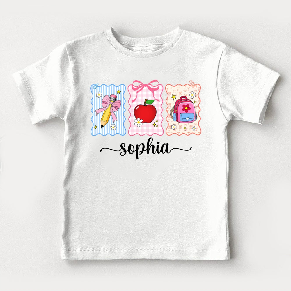 Personalized Name Bow-Knot Pencil Apple And School Bag Toddler T-shirts