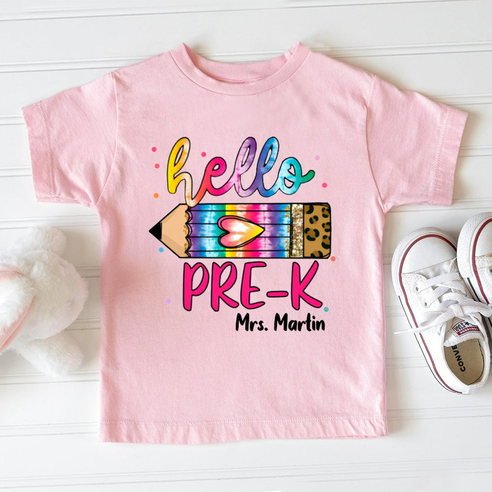 Personalized Name And Grade Hello Pre-K Gradient And Leopard Print Pencils Toddler T-shirts