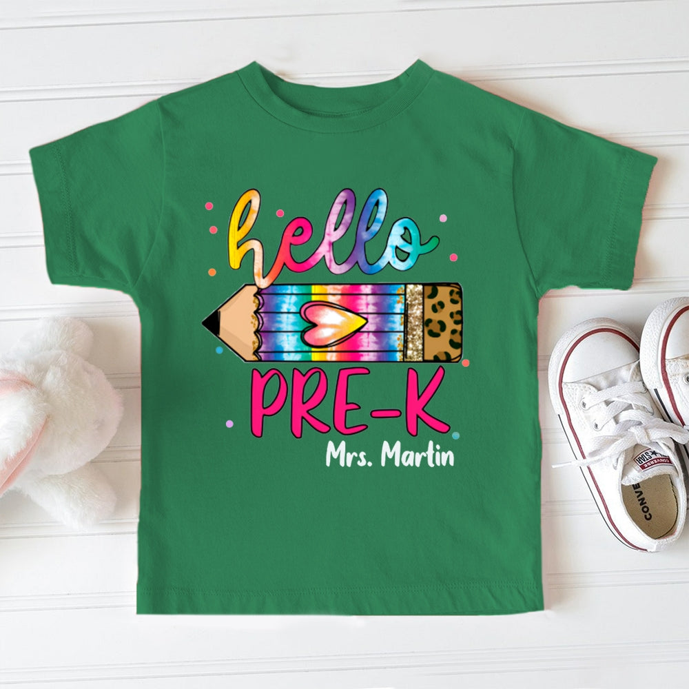 Personalized Name And Grade Hello Pre-K Gradient And Leopard Print Pencils Toddler T-shirts