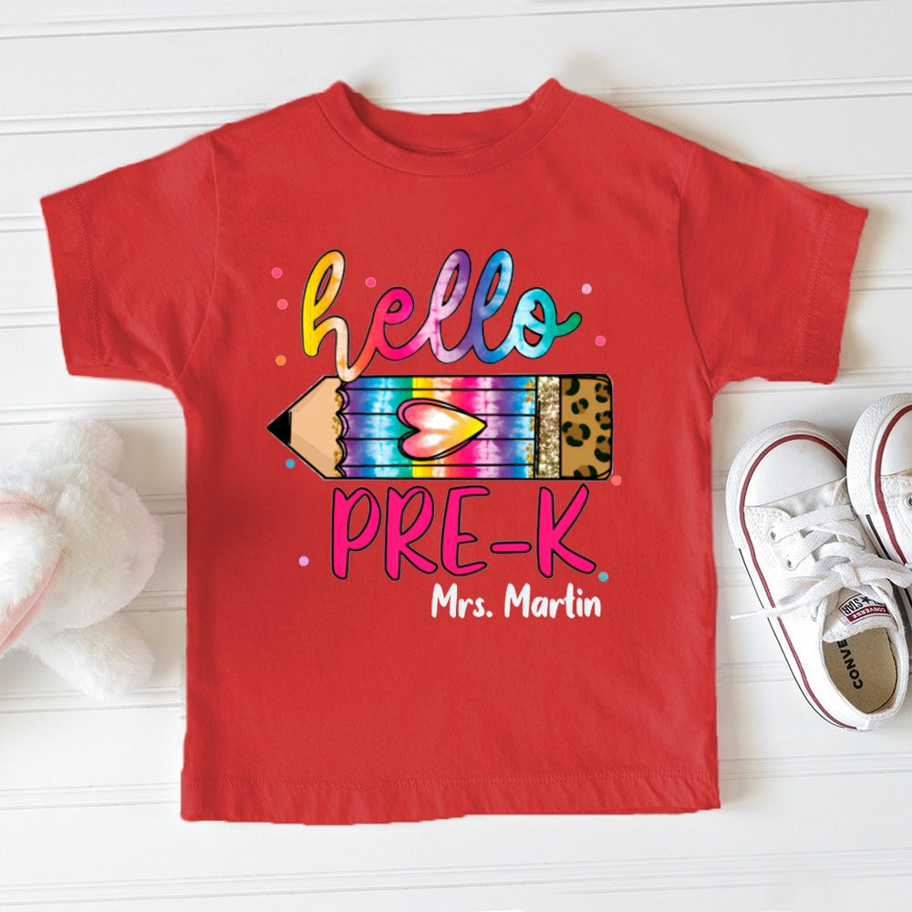 Personalized Name And Grade Hello Pre-K Gradient And Leopard Print Pencils Toddler T-shirts