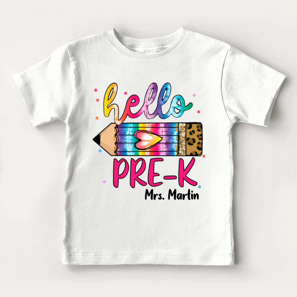 Personalized Name And Grade Hello Pre-K Gradient And Leopard Print Pencils Toddler T-shirts