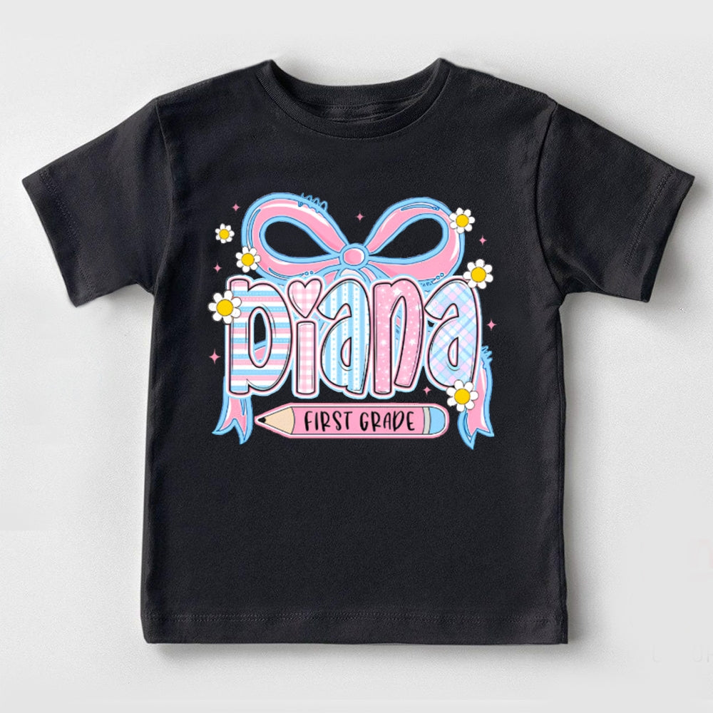 Personalized Name And Grade First Grade Bows And Sunflowers Toddler T-shirts