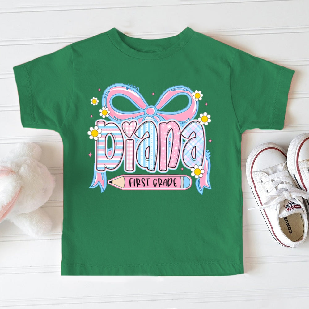 Personalized Name And Grade First Grade Bows And Sunflowers Toddler T-shirts
