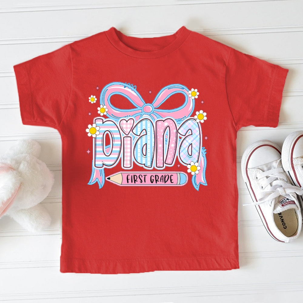 Personalized Name And Grade First Grade Bows And Sunflowers Toddler T-shirts