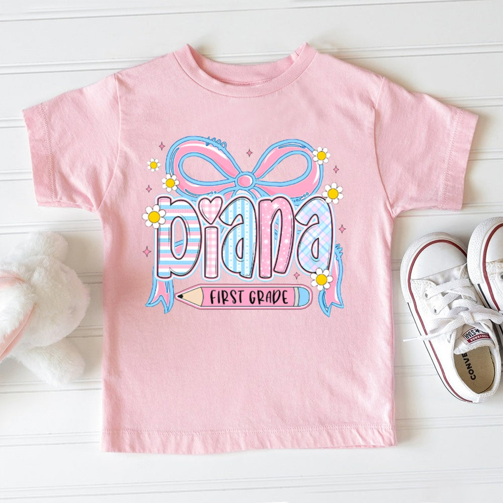 Personalized Name And Grade First Grade Bows And Sunflowers Toddler T-shirts