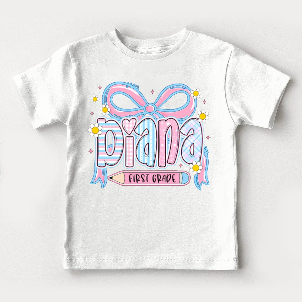 Personalized Name And Grade First Grade Bows And Sunflowers Toddler T-shirts