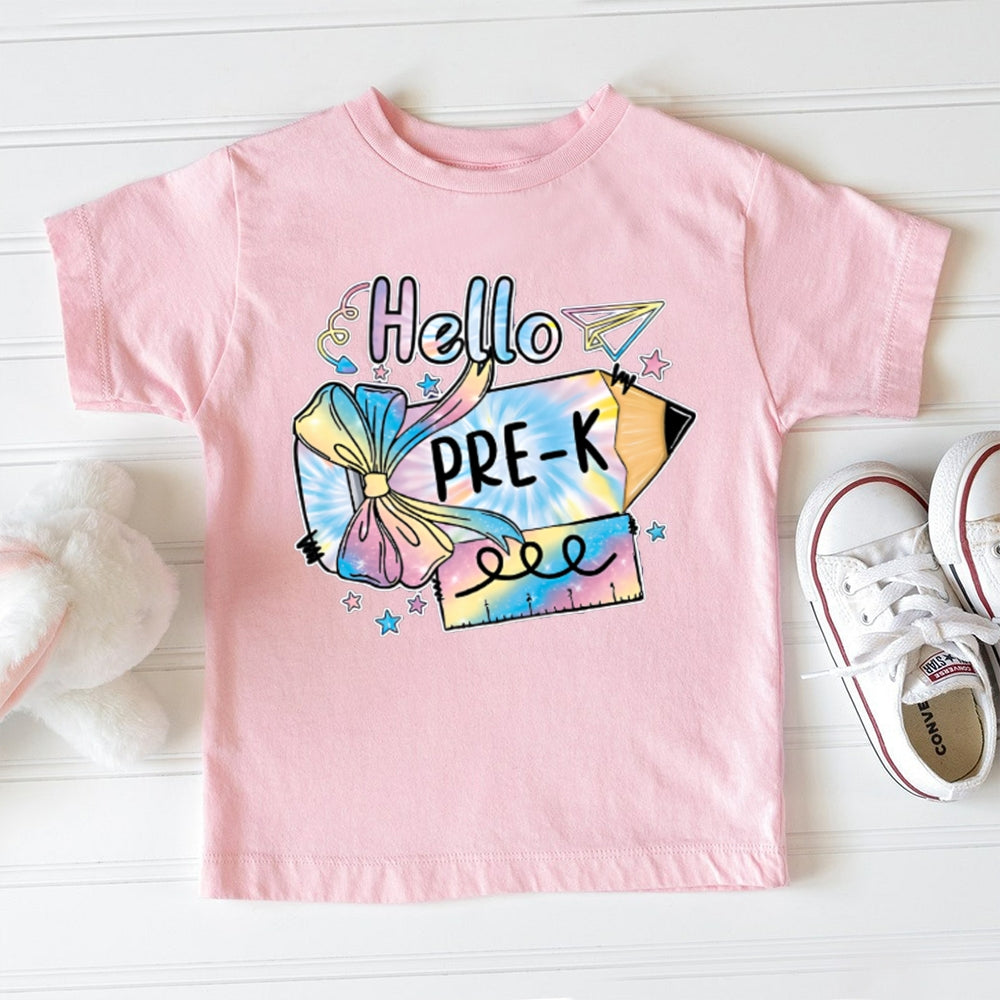 Personalized Grade Hello Pre-K Colorful Tie-Dye Bow Pencils Toddler T-shirts