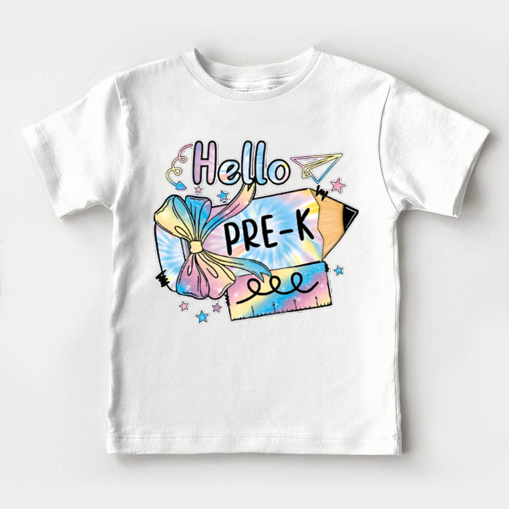 Personalized Grade Hello Pre-K Colorful Tie-Dye Bow Pencils Toddler T-shirts