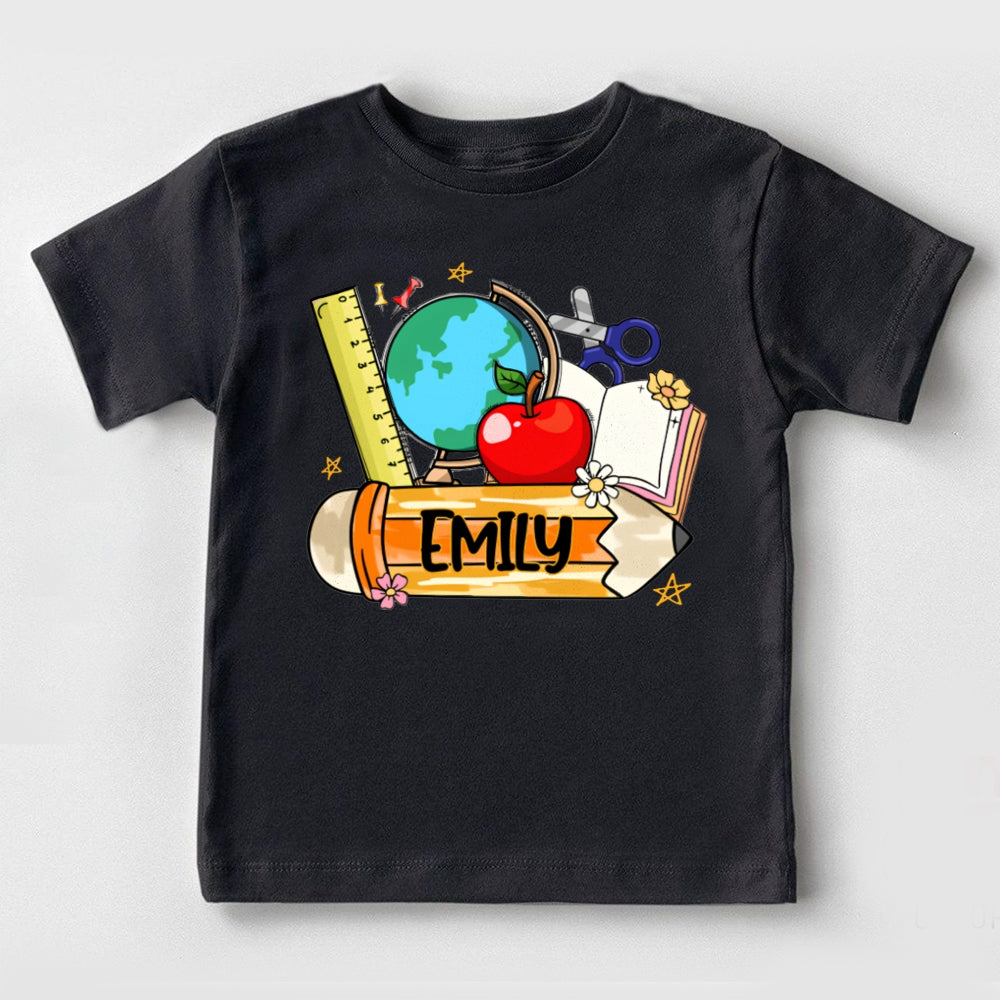 Personalized Name Ruler Apple Globe And Yellow Pencil Toddler T-shirts