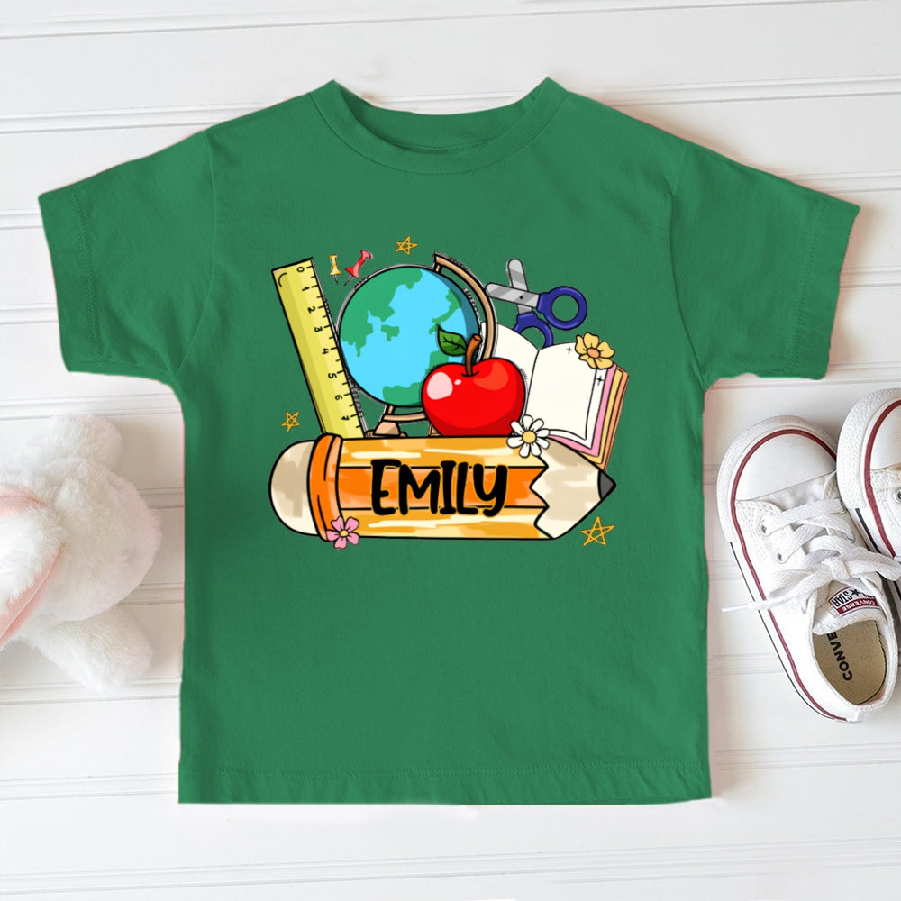 Personalized Name Ruler Apple Globe And Yellow Pencil Toddler T-shirts