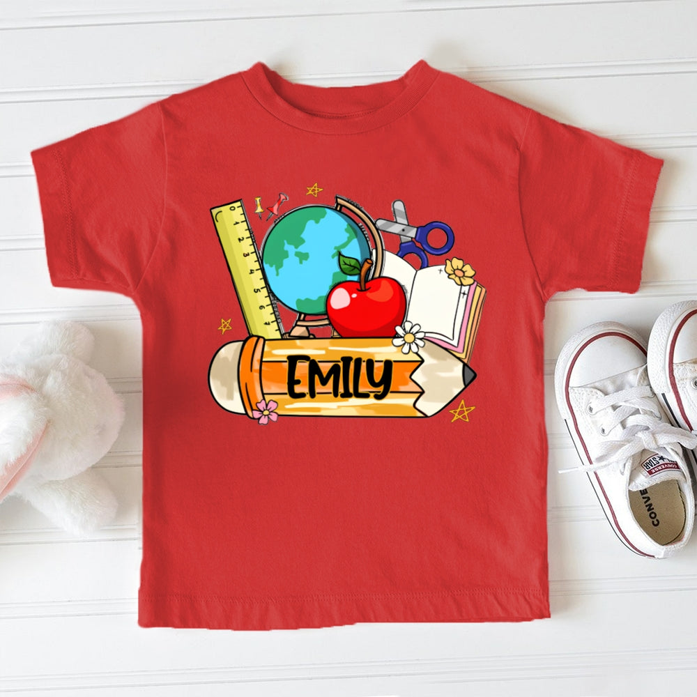 Personalized Name Ruler Apple Globe And Yellow Pencil Toddler T-shirts
