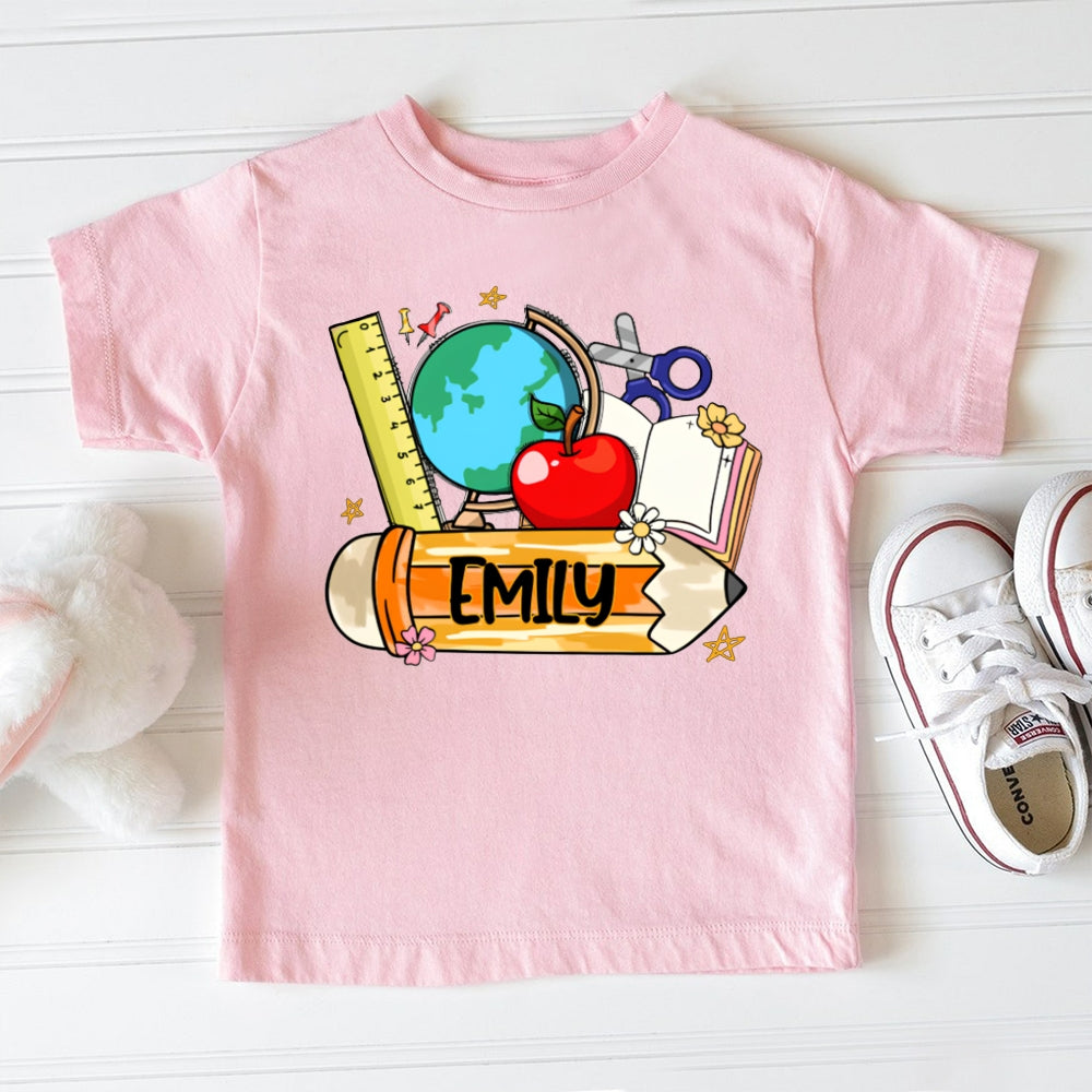 Personalized Name Ruler Apple Globe And Yellow Pencil Toddler T-shirts