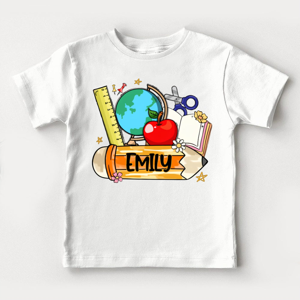 Personalized Name Ruler Apple Globe And Yellow Pencil Toddler T-shirts
