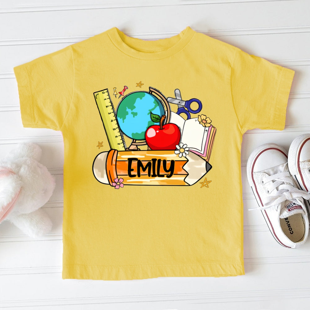 Personalized Name Ruler Apple Globe And Yellow Pencil Toddler T-shirts