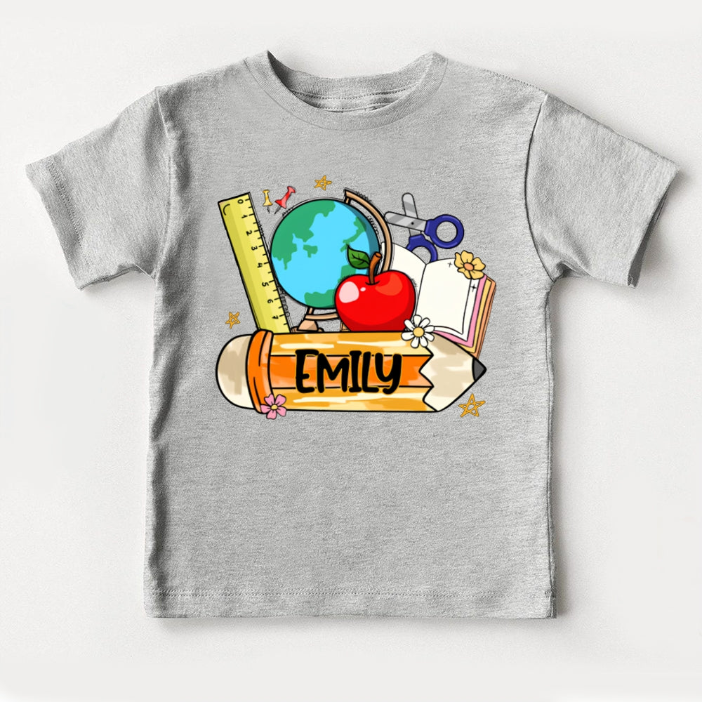 Personalized Name Ruler Apple Globe And Yellow Pencil Toddler T-shirts