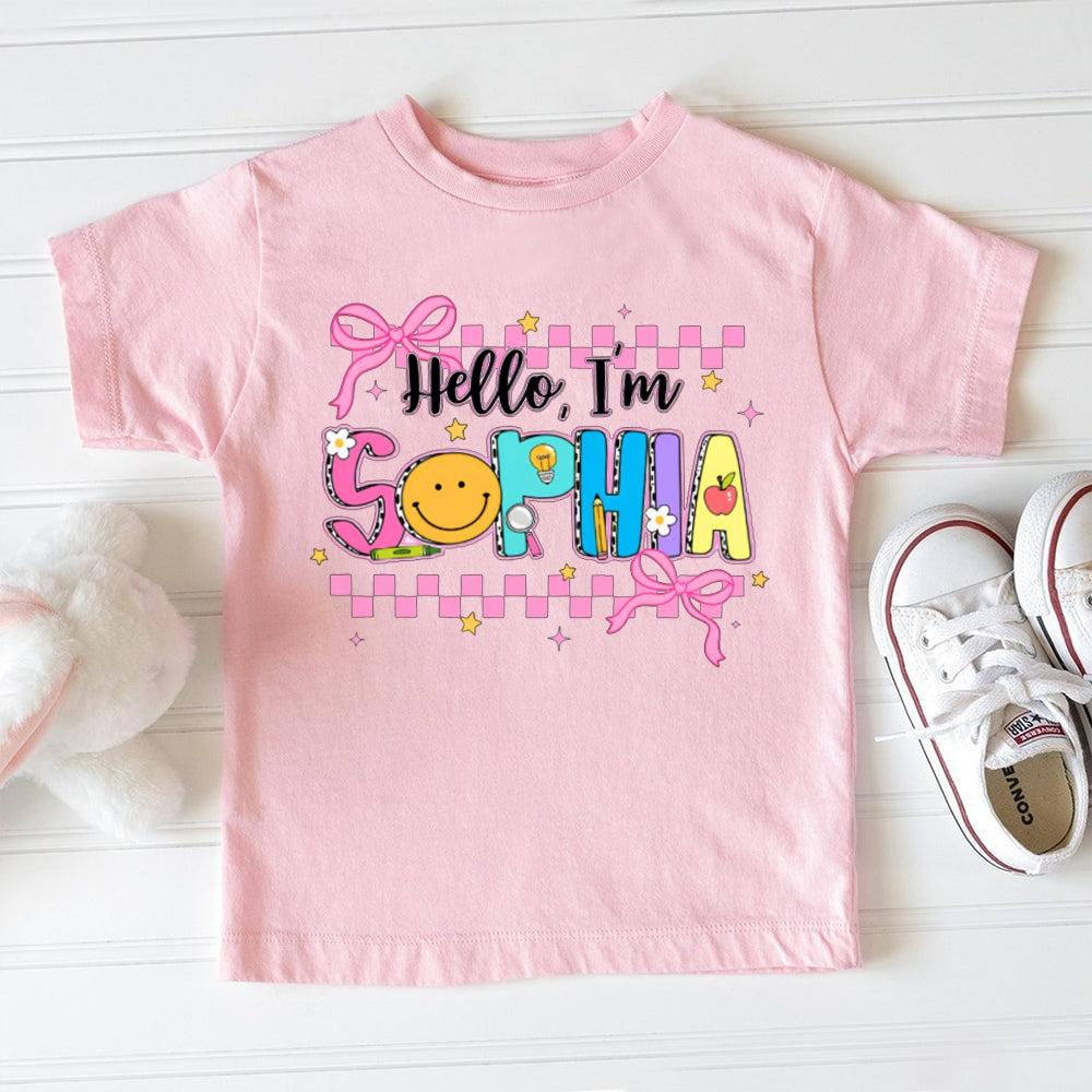 Personalized Name Hello I'M Sophia Colorful Letters And Pink Small Square Print Toddler T-shirts
